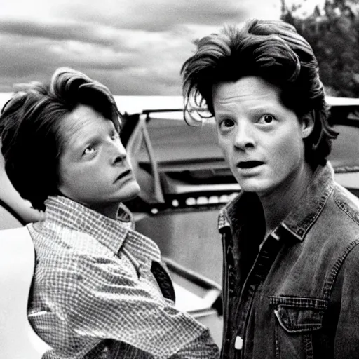 Image similar to back to the future starring eric stoltz as marty mcfly, iconic film still perfect composition,