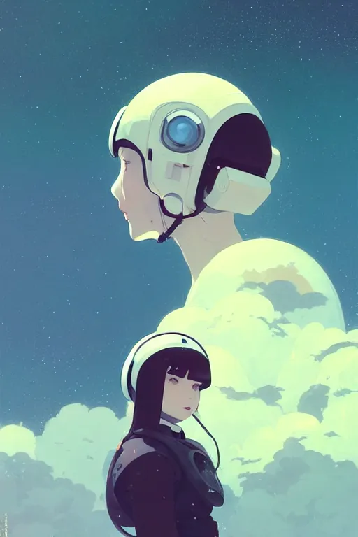 Image similar to portrait of a girl with astronaut helmets by ilya kuvshinov, a big medieval mech, cloudy sky background lush landscape ln illustration concept art anime key visual trending pixiv by victo ngai fanbox by greg rutkowski makoto shinkai takashi takeuchi studio ghibli