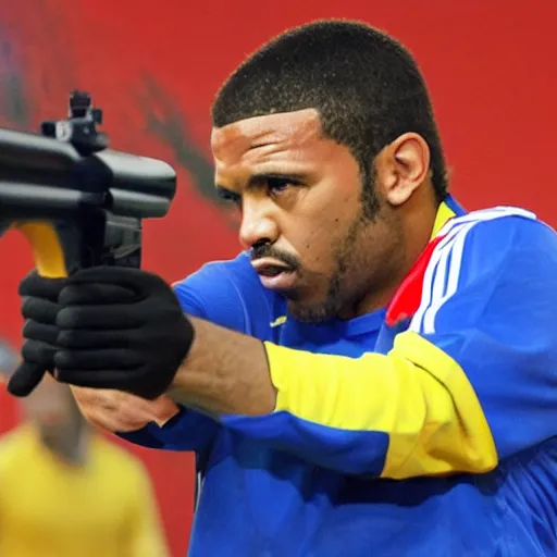 Image similar to A man in a disheveled suit pointing a gun at a professional soccer player in a blue, red and yellow uniform