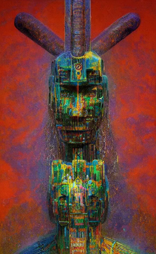 Image similar to portrait of mecha african tribal chief, symmetrical, dramatic lighting, colourful, art by zdzislaw beksinski,