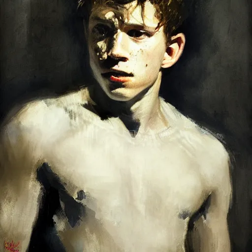 Image similar to portrait of tom holland as spiderman, by jeremy mann, anders zorn.