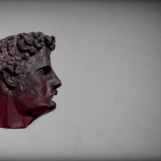 Image similar to black, grey, subtle red, greco roman sculpture, very gritty, thin lines, neo vaporwave