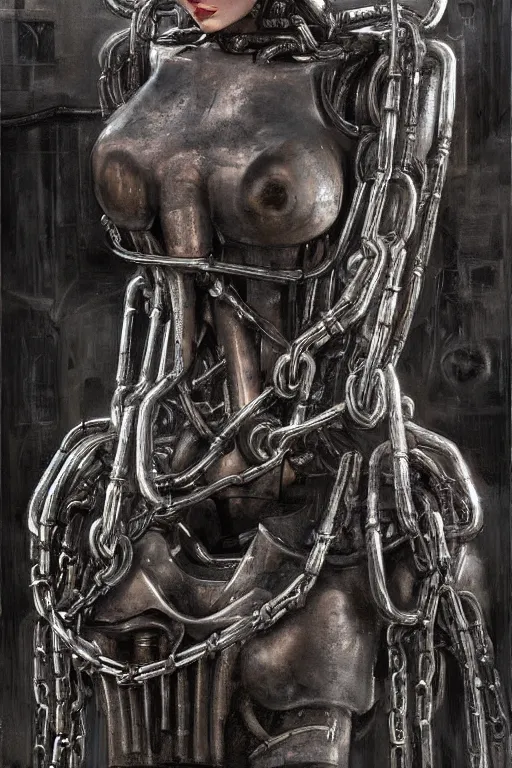 Prompt: Mech robot in chains portrait, by H.R. Giger, WLOP,