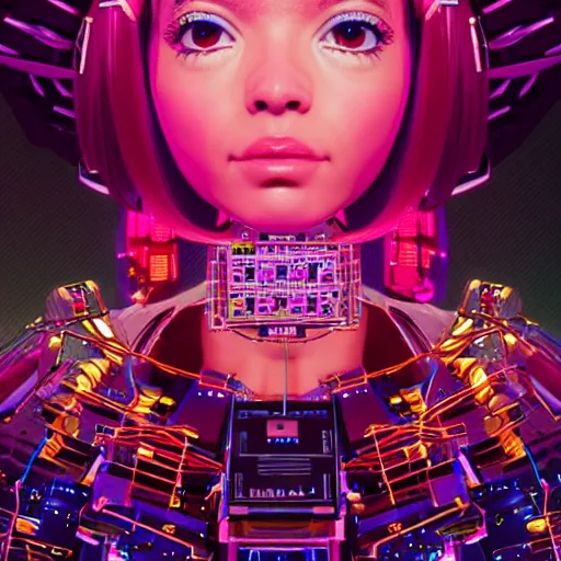 Prompt: a kawaii puerto rican goddess staring through the mothership of your souls, wearing a headpiece made of circuit boards and empathy machines, by alastair reynolds, ilya kuvshinov and stanley kubrick, pink, trending on artstation, cinematic, 3 d render, photorealistic