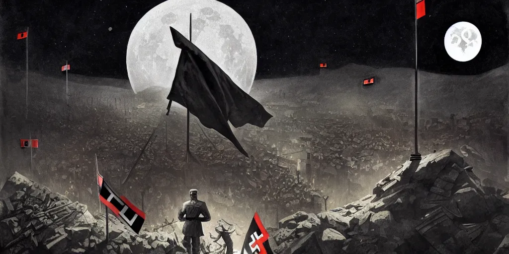 Prompt: hitler and nazi germany with swastika flags at the dark side of the moon, detailed intricate illustration, dark atmosphere, detailed illustration, hd, 4 k, digital art, overdetailed art, by greg rutkowski, by loish, complementing colors, trending on artstation, deviantart