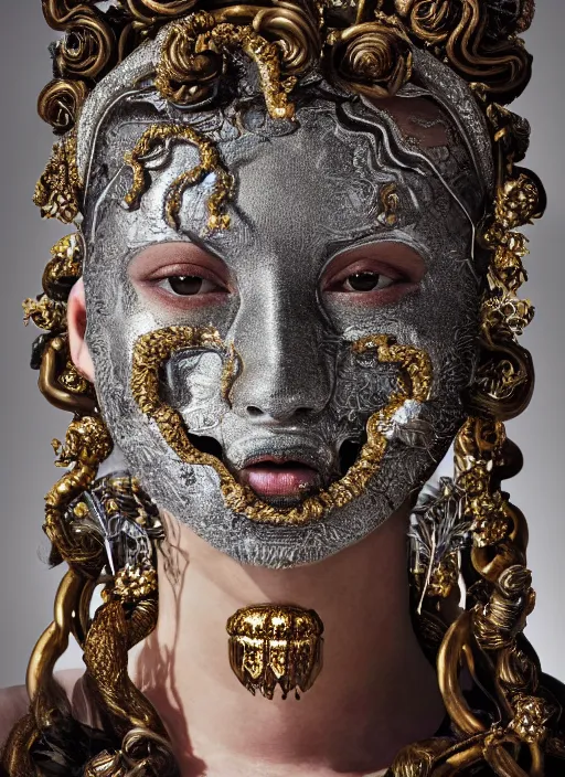 Image similar to hyperrealism, detailed textures, award winning photo, symetrical japanese medusa queen autochrome portrait, silverplate, intricate, detailed facial animal mask, golden jewelery, silverplate, ultra realistic, cinematic, intricate, cinematic light by steve mccurry, unreal engine 8 k