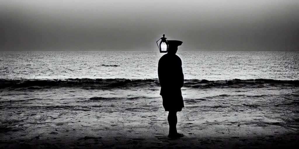 Image similar to film still of closeup old man holding up lantern by his beach hut at night. pirate ship in the ocean by emmanuel lubezki