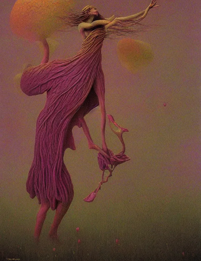 Image similar to fungal bloom fairy queen mold fae noble by zdzisław beksiński, dark whimsical oil painting award winning, chromatic aberration sharp colors
