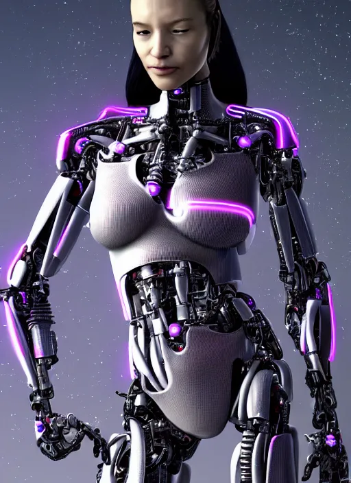 Image similar to photorealistic detailed full body picture of a female cyborg, pretty face with arms and legs and feet and hands, complete body, glamour pose, neon lights, humanoid, extreme, uhdr, book called the most influental cyborg in 2 0 5 0, fine details, highly detailed, intricate, smooth sharp focus, symmetrical features, environmental portrait, realistic render