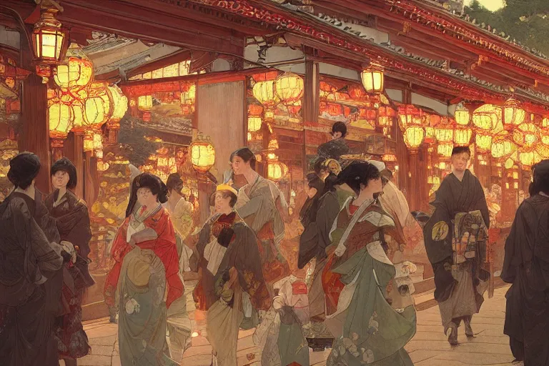 Prompt: a beautiful realistic painting of the lantern festival in old kyoto, intricate, elegant, highly detailed, digital painting, artstation, concept art, by krenz cushart and artem demura and alphonse mucha