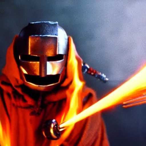 Image similar to cinematic film still MF Doom starring as a Samurai holding fire, Japanese CGI, VFX, 2003, 40mm lens, shallow depth of field,film photography