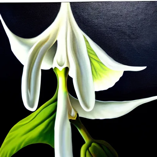 Image similar to oil painting of white brugmansia suaveolens flowers, dark background, with scary eyes looking out from the darkness