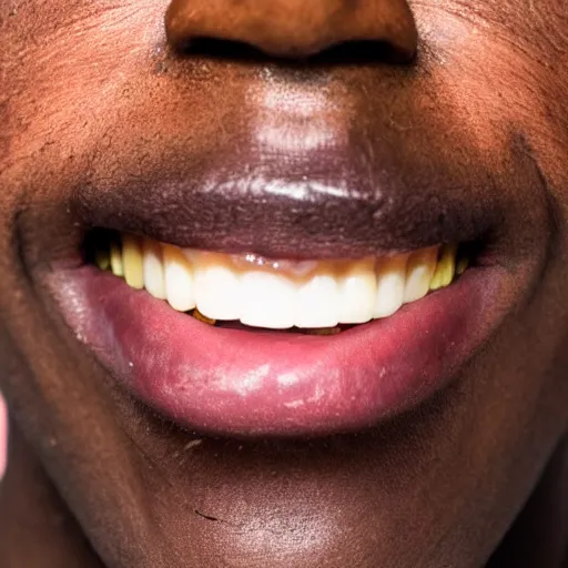 Prompt: black person stretching his bottom lip down showing his teeth