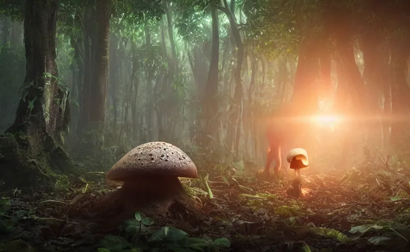 Image similar to a beautiful render of an alien mushroom growing out of a human a skull in a rainforest, sunset lighting, intricate detail, hazy, humid, volumetric lighting, god rays, 8 k, photorealistic, raytracing effects, unreal engine 5