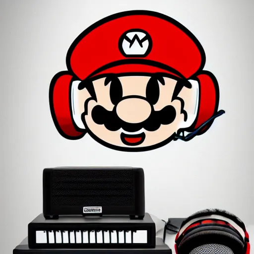 Image similar to svg sticker of a Pop-Wonder SuperMario, Mario-Wearing-a-red-hat, at a rave, spinning records, giant headphones rocking out, wearing headphones, huge speakers, dancing, rave, DJ, spinning records, digital art, amazing composition, rule-of-thirds, award-winning, trending on artstation, featured on deviantart