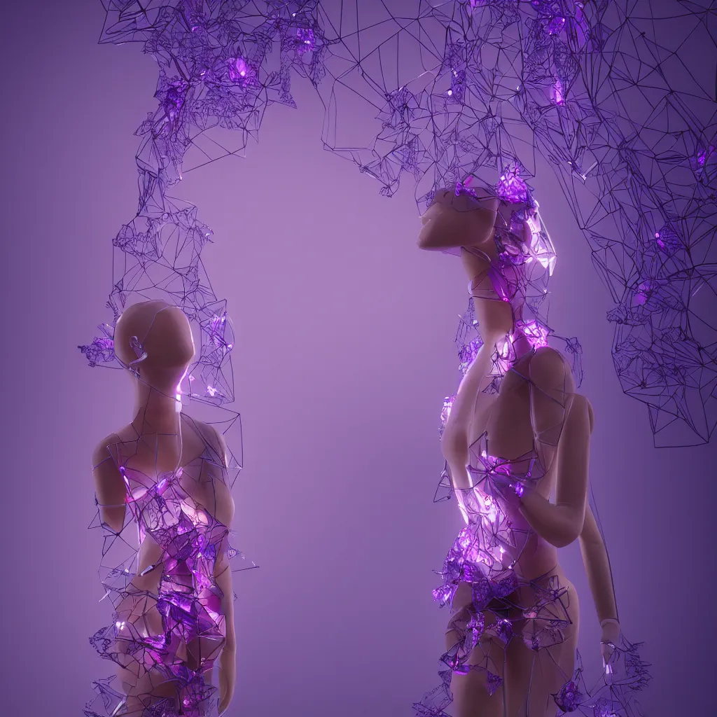 Image similar to beautiful mannequin sculpted out of amethyst by billelis + lit with 3 d geometric neon + facing a doorway opening with neon pink geometric fractal light + flowering hosta plants!!!, moon in background!!, moody, dramatic, rule of thirds, confident, award winning, 4 k, trending on artstation, photorealistic, volumetric lighting, octane render