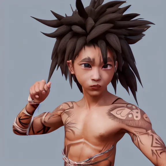 Prompt: 3 d render of a cute tribal anime boy in a loincloth, body paint, lithe, fantasy artwork, fluffy hair, mid - shot, award winning, hyper detailed, very very very beautiful, studio lighting, artstation, unreal engine, unreal 5, 4 k, octane renderer