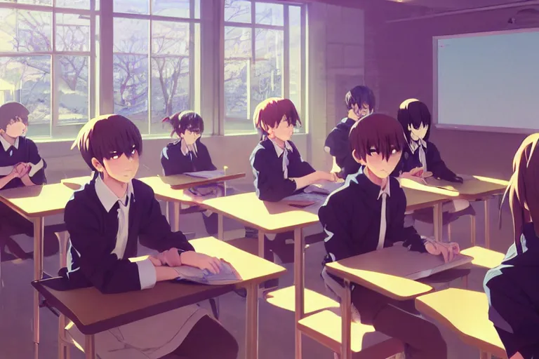 boy's love anime modern high school classroom in, Stable Diffusion