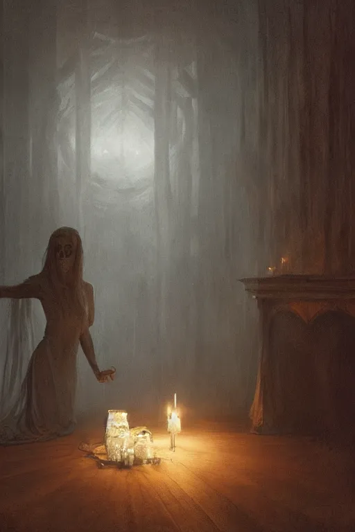 Image similar to Spirit holding a candle in the middle of the room, horror, illustrated by Greg Rutkowski and Caspar David Friedrich., Trending on artstation, artstationHD, artstationHQ, 4k, 8k