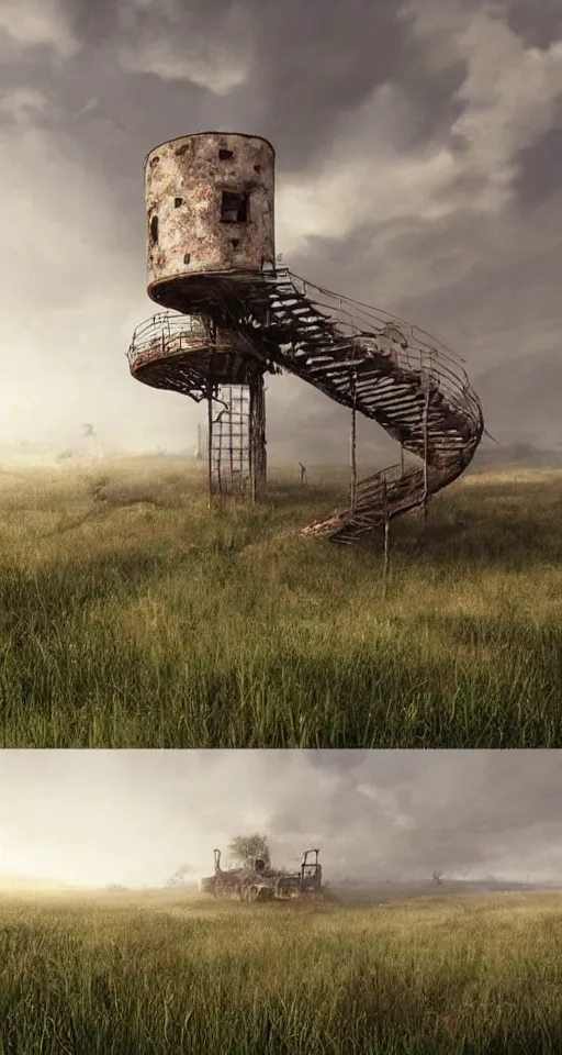 Image similar to tree - house on a rusty broken building constructions of a giant spiral upside - down staircase for multiple cases, leading to the sky, the ruins, in the steppe, summer field, misty background, from the game pathologic 2, highly detailed, sharp focus, matte painting, by isaac levitan and asher brown durand,