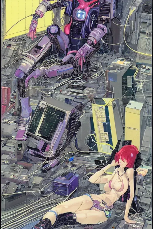 Image similar to a perfect cyberpunk illustration of a female android seated on the floor in a tech labor, seen from the side with her body open showing cables and wires coming out, by masamune shirow, hajime sorayama and katsuhiro otomo, japan, 1980s, dark, colorful