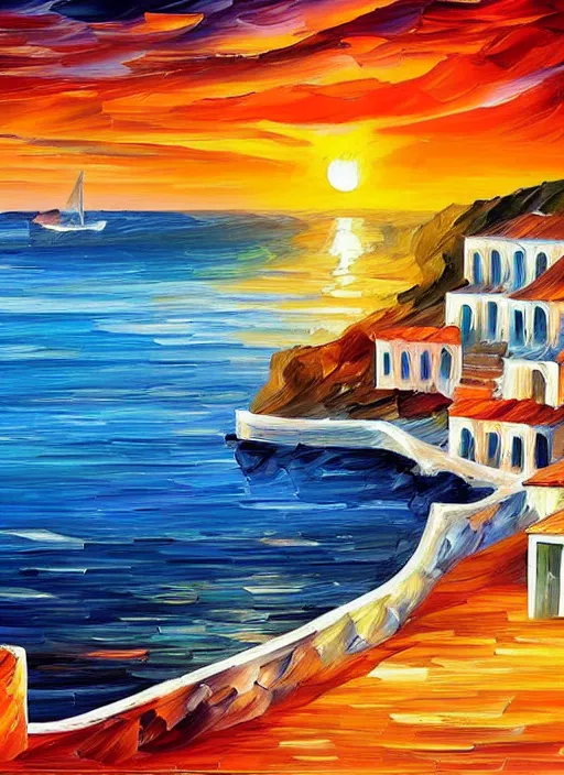 Image similar to beautiful seaside greek village at sunset in the style of leonid afremov