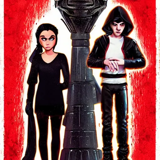 Image similar to goosebumps book r l stine book cover with rey and kylo ren, in the style of tim jacobus