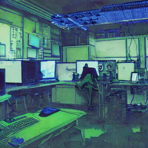 Image similar to portrait of lain iwakura, background room full of cables and computers, bright displays, blue and green tones by yoshitoshi abe, ruan jia and joao ruas, atmospheric