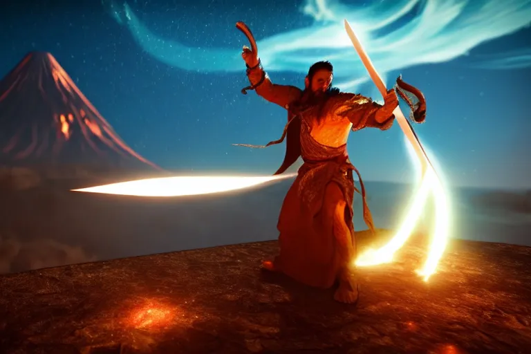 Prompt: levitating sorcerer wielding a sword, opening a shining portal, night sky, horizon of an erupting volcano, unreal engine