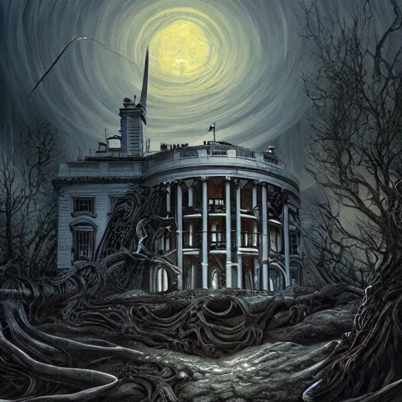 Image similar to the white house, apocalyptic, gerald brom, hyper detailed, 8 k, fantasy, dark, grim