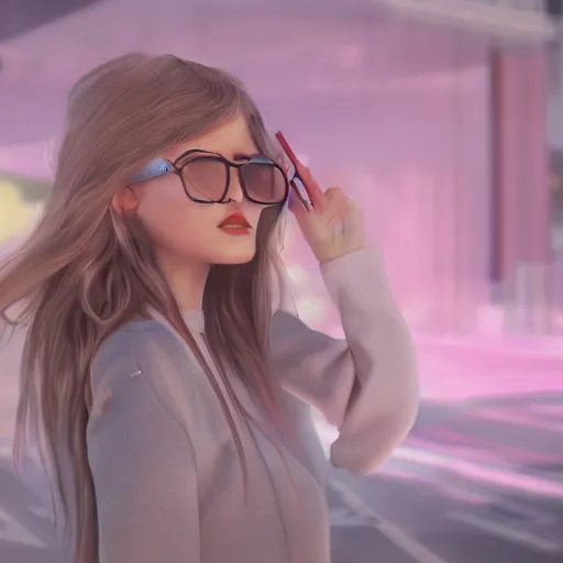 Image similar to selfie of a young woman, winged eyeliner, pastel clothing, urban environment, depth of field, octane render, digital painting, trending on artstation