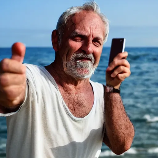 Prompt: dried and withered sailor taking a selfie with the ocean behind him, highly detailed