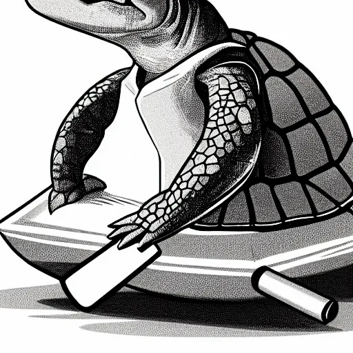 Prompt: storybook illustration of a turtle smoking a cigarette, storybook illustration, monochromatic, black and white