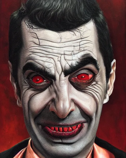 Image similar to portrait of mr bean as a vampire, gritty, dark, very detailed, hyperrealistic, very detailed painting by Glenn Fabry, by Joao Ruas