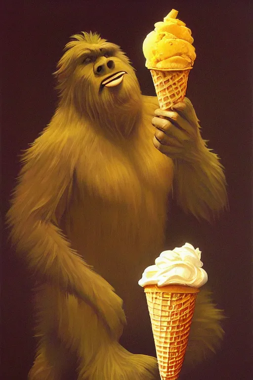 Image similar to bigfoot eating an ice cream cone, masterpiece, dramatic light and shadow, saturated colors, ciaroscuro. painted by norman rockwell