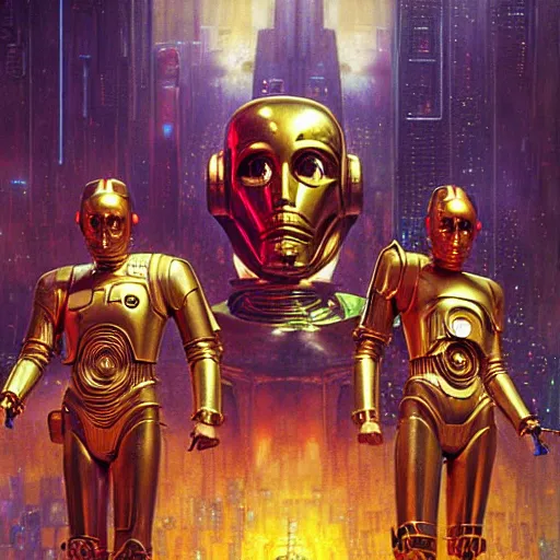 Prompt: portrait c 3 po. spaceship futuristic city. shadowrun cyberpunk fantasy d & d painting by gaston bussiere craig mullins jc leyendecker gustav klimt artgerm greg rutkowski john berkey, bergey, craig mullins, ruan jia, raymond swanland, tom lovell