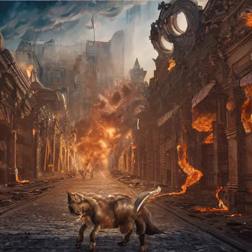 Prompt: giant quadruped creature walking through the center of a burning city, extreme detail, abstract realism, highly ornate intricate details, 1 9 2 0's colored pencil, 4 k, cinematic lighting,