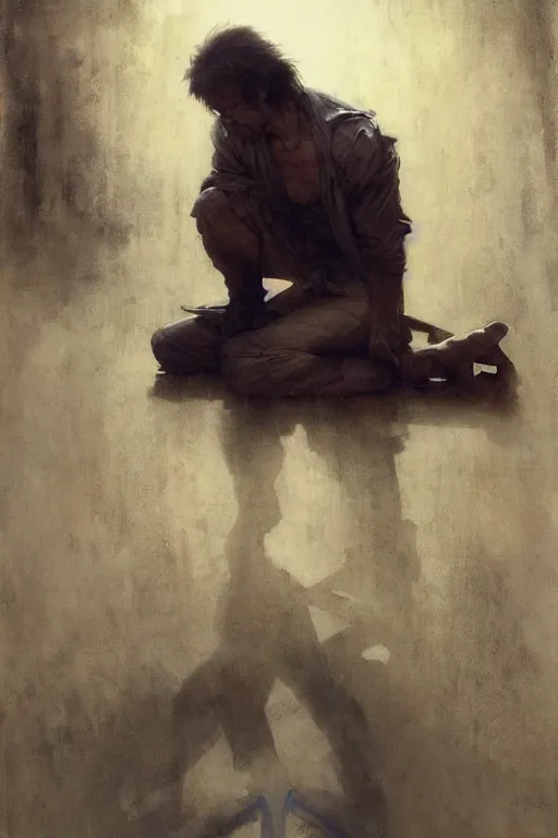 Image similar to man kneeling at the foot of a wooden cross, dramatic lighting art by Yoji Shinkawa by Richard Schmid by greg rutkowski by Sandra Chevrier by Jeremy Lipking cinematic dramatic, by frank miller, illustration by Ruan Jia and Mandy Jurgens and William-Adolphe Bouguereau, Artgerm, 4k, digital art, surreal, space dandy style, highly detailed, godsend, artstation, digital painting, concept art, smooth, sharp focus, illustration by Ruan Jia and Mandy Jurgens and William-Adolphe Bouguereau, Artgerm