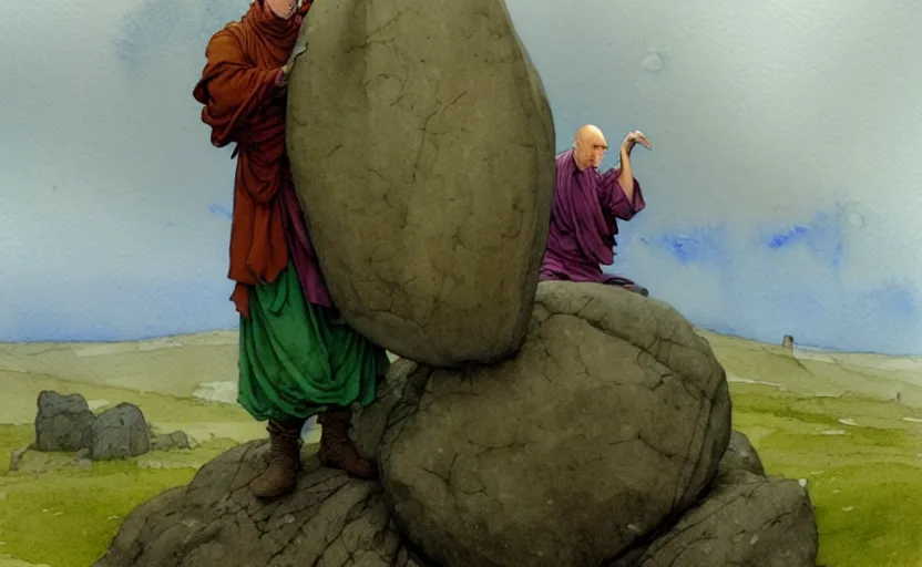 Image similar to a hyperrealist watercolour concept art of a monk holding a huge rock over his head. it is a misty night on the moors of ireland. by rebecca guay, michael kaluta, charles vess and jean moebius giraud