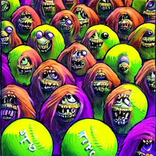 Prompt: an army of tennis ball monsters, colorful, digital art, fantasy, magic, chalk, trending on artstation, ultra detailed, professional illustration by basil gogos