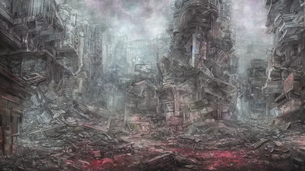 Image similar to an apocalyptic ruins in a destroyed tokyo in the year 2 3 0 0, pastel, colorful, foggy, digital art