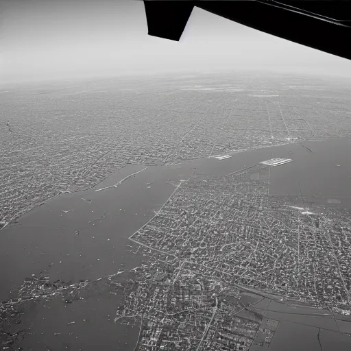 Image similar to infrared camera view from bomber, flying over new york, miltary