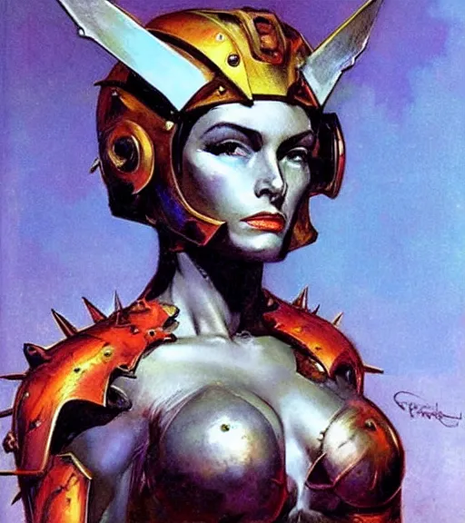 Image similar to portrait of strong female chaos angel, beautiful! coherent! by frank frazetta, by brom, strong line, vivid neon color, spiked metal armor, iron helmet maximalist