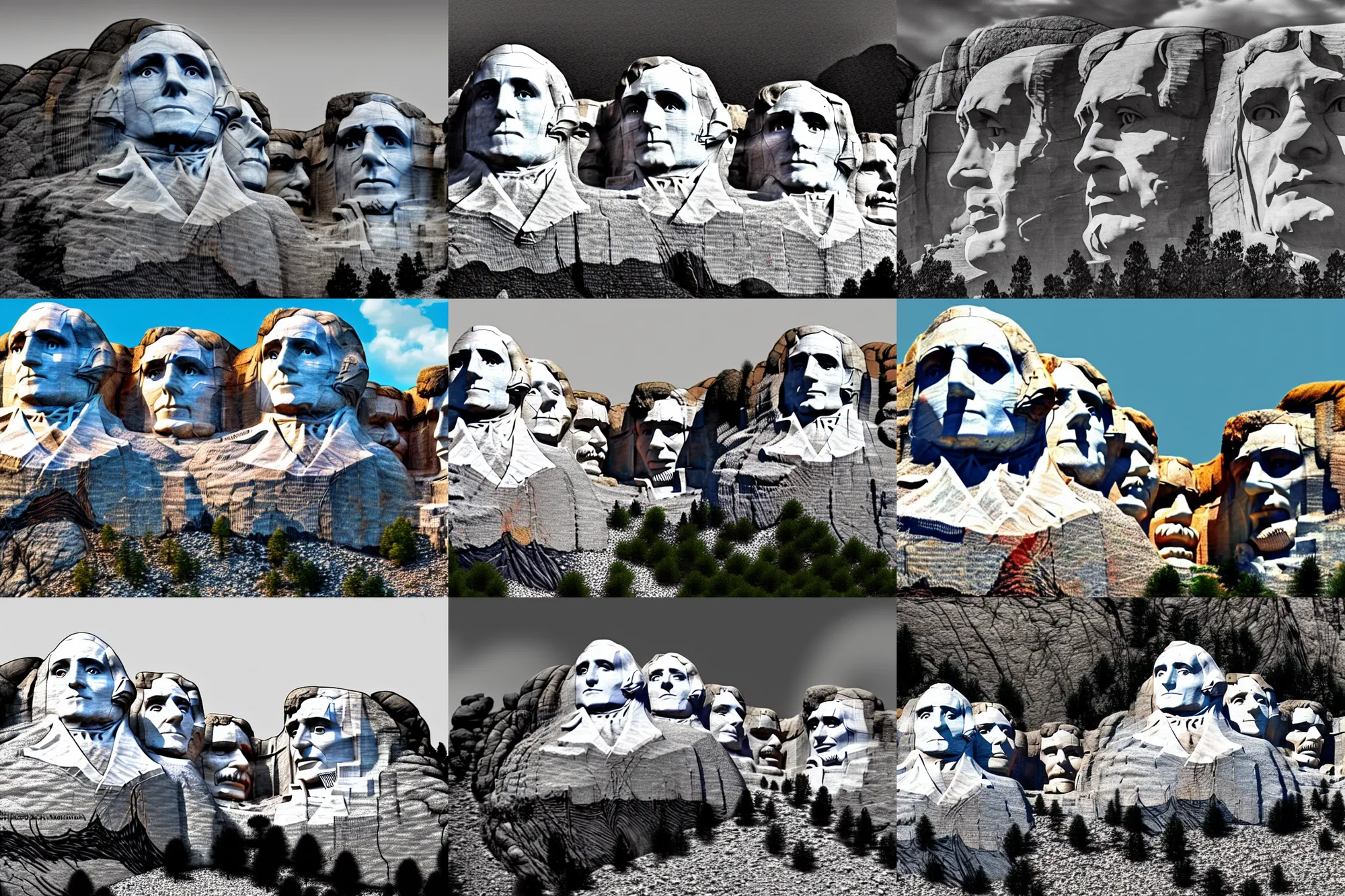 Prompt: wide angle view, mount rushmore monument replaced with animal heads, photorealistic, concept art, digital art, insane details, daylight, tele photo lens, 8 k