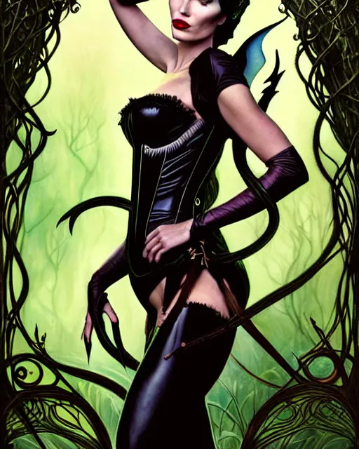 Image similar to new art nouveau portrait of fantasy succubus maleficent megan fox wearing a leather corset in a magical forest, anna dittmann, moebius, wlop, artgerm, patrick nagle, charlie bowater and loish. long windblown hair, ultrasharp focus, dramatic lighting, barbwire vine arches, photorealistic digital matte painting, intricate.