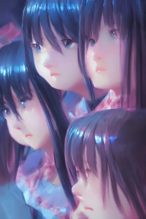 Prompt: 3d infrared octane render concept art by Mo Xiang Tong Xiu, by Igarashi Daisuke, by makoto shinkai. beauty cozy portrait anime sad schoolgirls under dark pink and blue tones, mirror room. light rays. big eyes. beautiful and cutest sad face. dramatic deep light, trending on artstation, oil painting brush