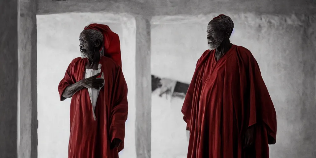 Image similar to a cinematic portrait of an old african man dressed in leather robes, in a small brilliant white prison cell, red color theme, dust storm, annie leibovitz and zack snyder, 8 k, hd, high resolution, 8 5 mm, f / 1. 8