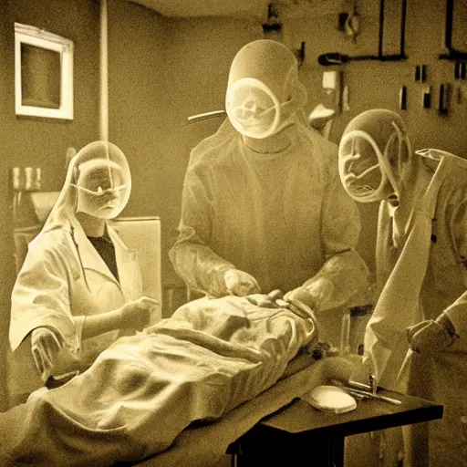 Image similar to an alien autopsy, realistic, vintage, grainy, old style photo, sepia, dark, medical lighting, masked doctors, clear alien face