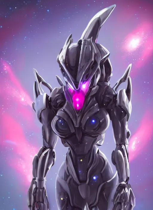 Image similar to cinematic shot, cosmic sized perfectly proportioned stunning beautiful hot anthropomorphic robot female mecha dragon, female dragon head, silver, fuschia flesh, floating in empty space, nebula sized, larger than galaxies, holding a tiny galaxy, epic proportions, epic size, epic scale, furry art, dragon art, giantess art, warframe fanart, furaffinity, deviantart