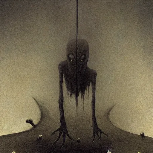 Prompt: demonic alien with long fingers at the foot of the bed in a dark room, tombstones, cows, beksinski